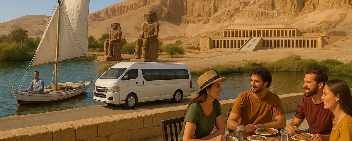 Ausflug nach Luxor mit Mittagessen am Nil und Nilfahrt im Kleinbus